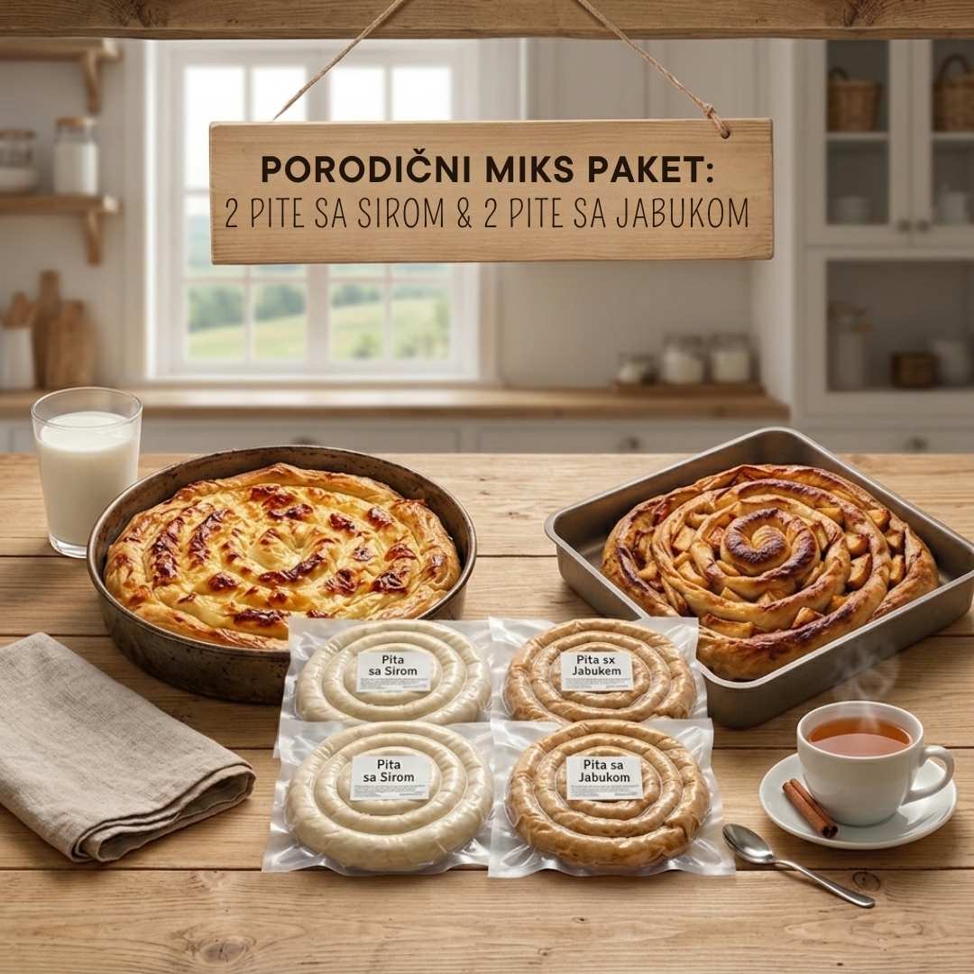 Porodični MIKS paket: 2 Domaće pite sa sirom + 2 Domaće pite sa jabukom